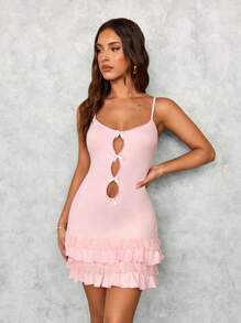 SHEIN SXY Fall Women Clothes;Pink Sweet Girl Ballerina Style Multi-Layer Ruffle Cake Skirt Dress With Bowknot Lace Spaghetti Strap Mini Dress Olid Color Party/Date Night/Party Mini Dress Sexy Elegant Mini Dress/Valentine's Day Dress/Homecoming Prom Dress