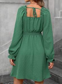 SHEIN Maternity Flutter Sleeve Square Neck Buttoned Front Jacquard Pregnancy Dress, Suitable For Teachers, Autumn Collection - Green - View 6