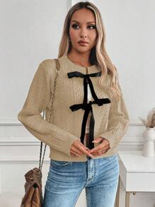 SHEIN Unity Cardigan Minimalis Lengan Panjang dengan Desain Kasual dan Tali Pengikat untuk Wanita, Cocok untuk Musim Gugur. - Aprikot - View 3