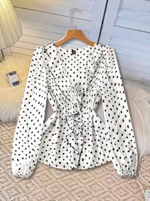 SHEIN Clasi Blusa elegante con cuello de volantes de contraste negro, manga farol y lunares para mujeres