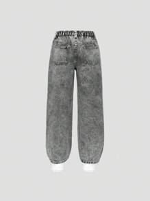 SHEIN Tween Girl Light Washed Casual Straight Leg Denim Jeans, Simple And Versatile - Dark Grey - View 2