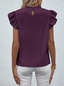 Breezaya Solid Color Ruffle Collar Short Sleeve Elegant Blouse