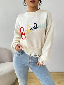 SHEIN Unity Women's Crew Neck Letter Embroidery Casual Loose Knit Sweater Knit Pullover Fall Winter - Beige - View 6