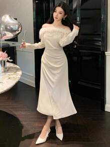 DAZY Damska asymetryczna dzianinowa sukienka midi z odkrytymi ramionami i długim rękawem w jednolitym kolorze, sukienka na bal urodzinowy, ubrania na jesień