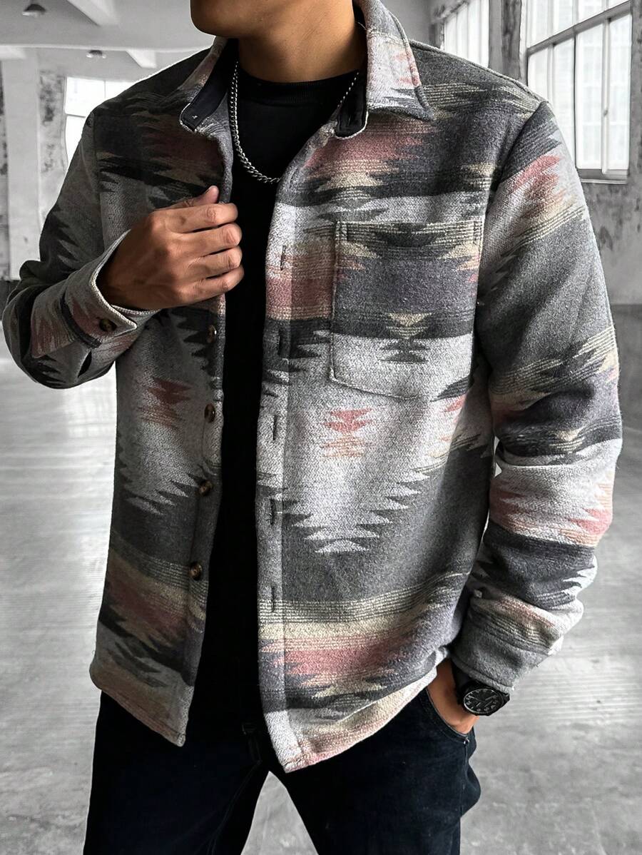 Manfinity Homme Men's All-Over Print Long Sleeve Button Front Pocket Shacket, Men Printed Button Up, Men Graphic Button Up, Men Shirts Streetwear - Multicolor - View 1