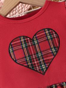 Young Girl' Heart Embroidery Ruffled Plaid Christmas Dress - Red - View 4