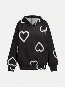 SHEIN Bộ 2 áo nỉ họa tiết trái tim cho bé gái, lớp lót nhung dày, áo hoodie thường ngày phong cách đường phố & quần ống rộng, cỡ lớn - màu đen - Xem 8