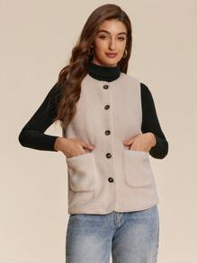 Chiquease Solid Color Front Button Sleeveless Pockets Casual Plush Faux Shearling Vest - Apricot - View 6