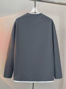 SHEIN Áo thun cổ tròn màu xám kết hợp màu trắng cho bé trai tuổi teen, đa năng & tối giản, phù hợp với mùa thu/đông, phong cách đại học - Xám - Xem 2