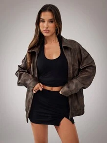 SHEIN BAE BAE 女式复古时尚落肩宽松拉链夹克，适合秋季棕色仿皮斑驳纹理水洗 PU 做旧服装圣诞女装冬季女装万圣节女装 - 咖啡棕 - 查看 4