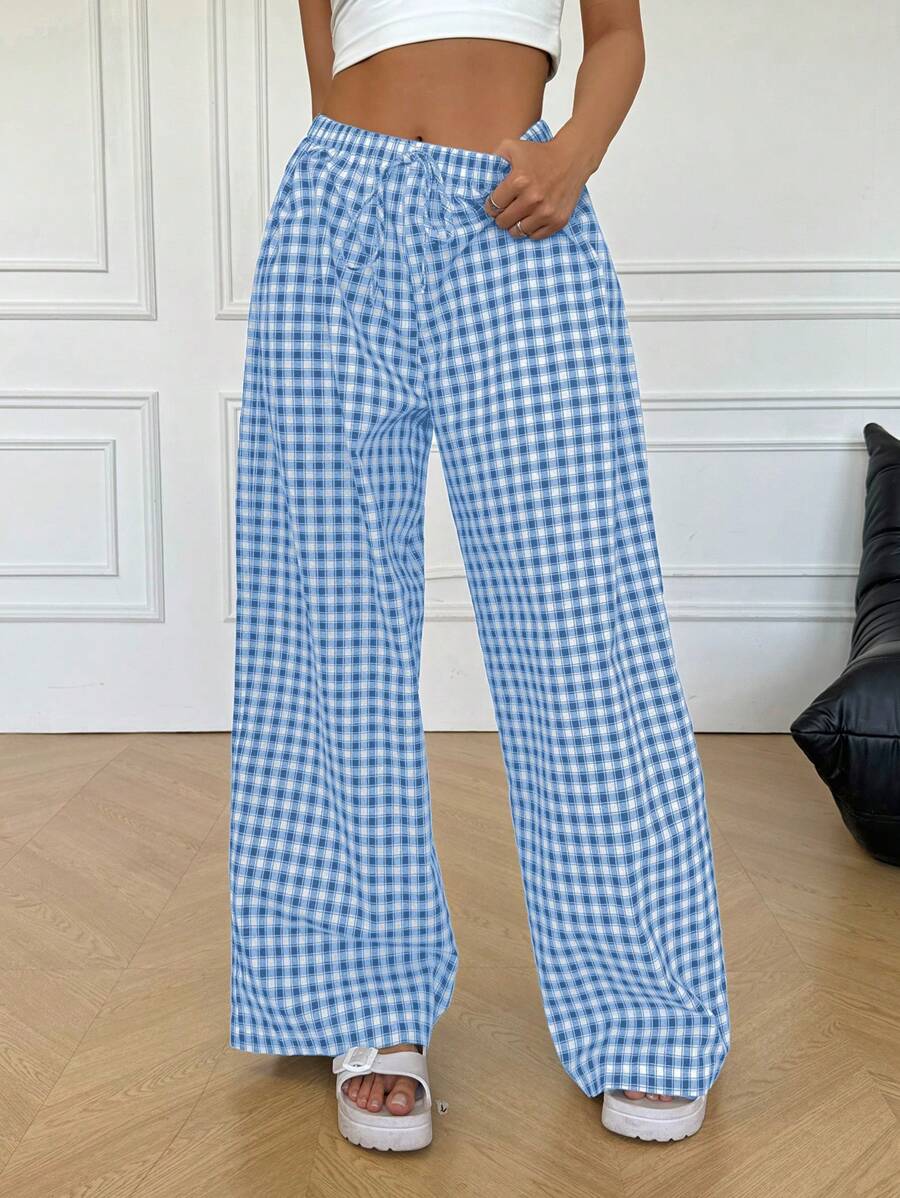 SHEIN EZwear Quần ống rộng kẻ caro buộc eo thường ngày cho nữ - Xanh và trắng - Xem 1