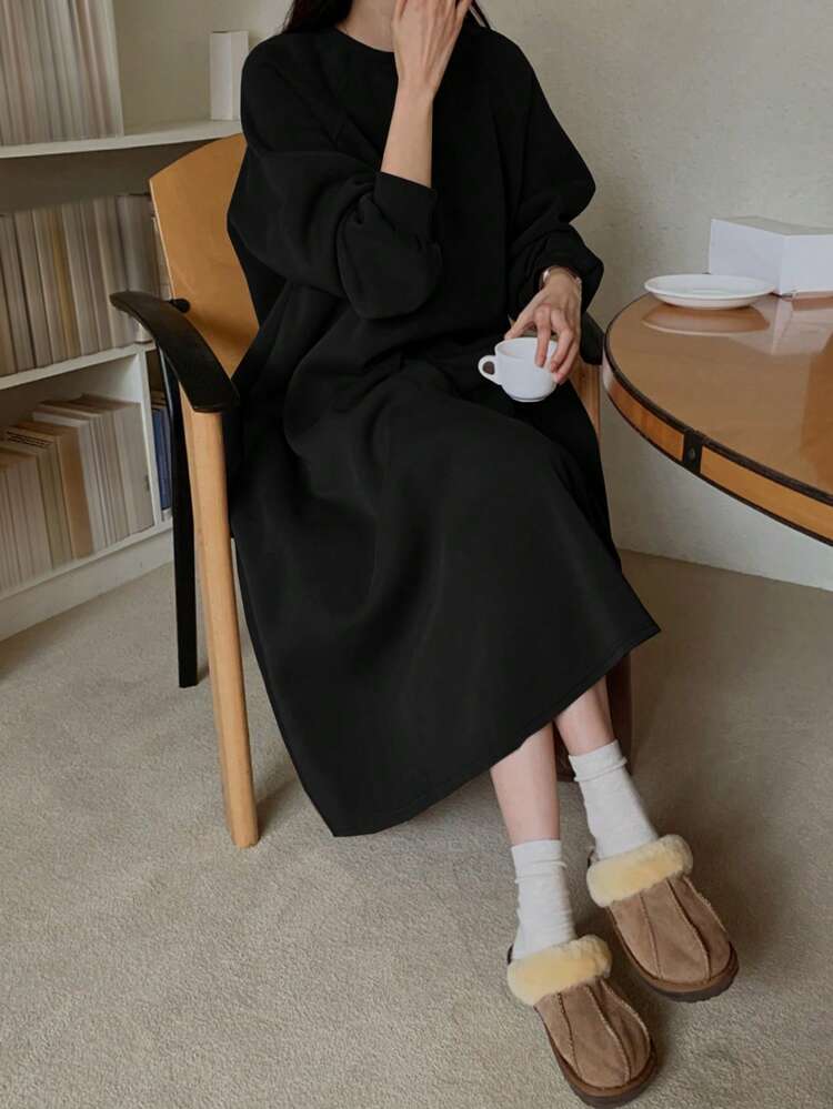 Women's Loose Fit Round Neck Long Sleeve Dress, Sweatshirt Style, Spring/Summer/Autumn Thermal Lined