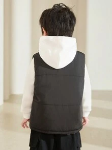 SHEIN 1 件年轻男孩休闲、简约、时尚、实用、百搭、透气、舒适立领背心，带保暖内衬，适合日常生活、学校、旅行、运动、秋冬季节 - 黑色 - 查看 2