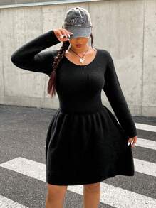 SHEIN EZwear Plus Size Solid Color Cinched Waist Sweater Dress, Autumn/Winter - Black - View 7