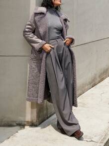 EMERY ROSE Áo khoác cổ lông cừu chắp vá giả da lộn cỡ lớn thời trang dành cho nữ - Xám - Xem 1