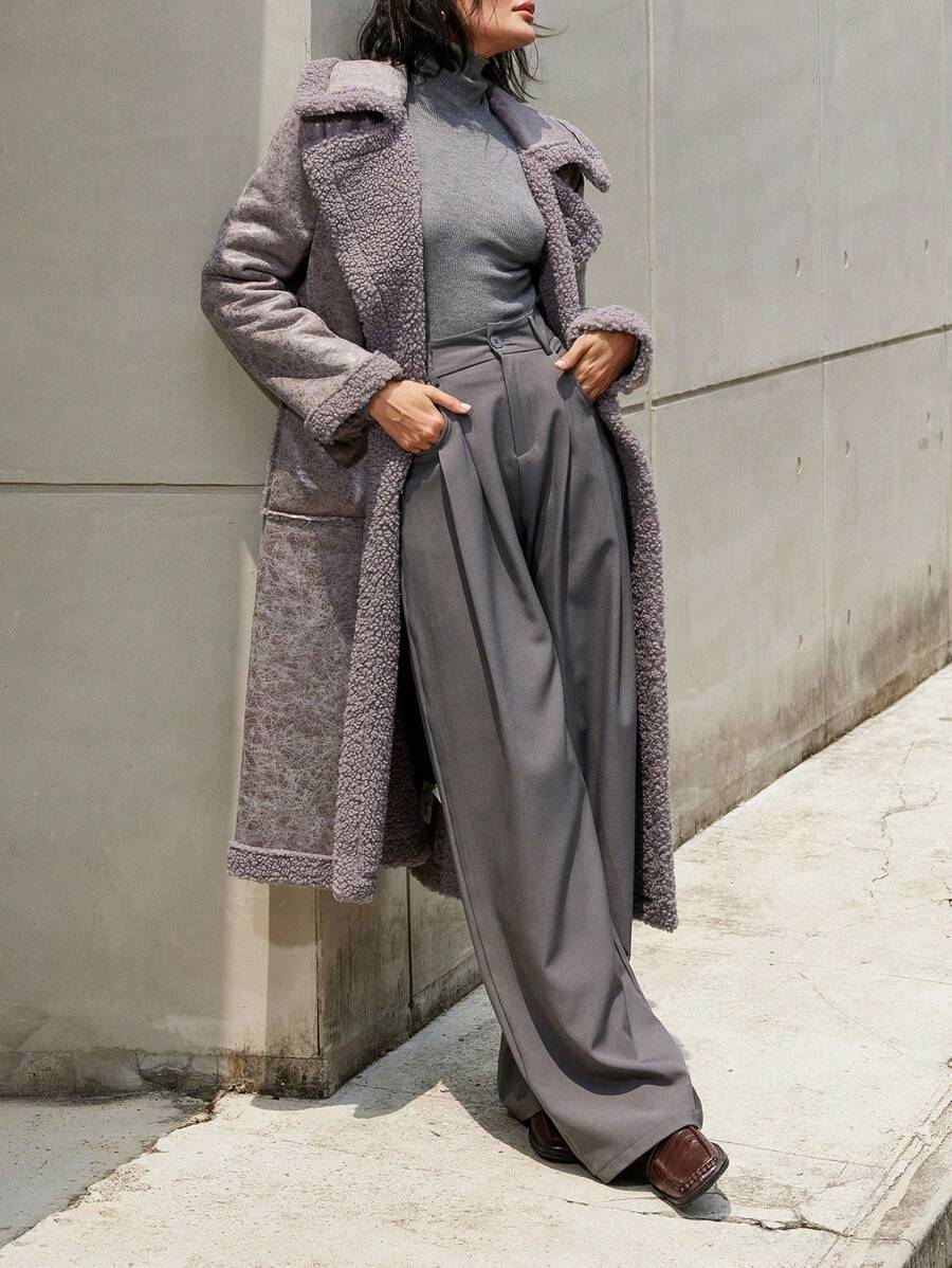 EMERY ROSE Áo khoác cổ lông cừu chắp vá giả da lộn cỡ lớn thời trang dành cho nữ - Xám - Xem 1