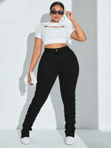 SHEIN SXY 大码女式破洞紧身羊毛牛仔裤，黑色，秋冬季时尚 - 黑色 - 查看 6