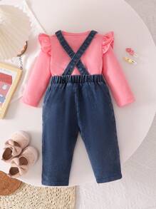 Ensemble 2 pièces pour bébé fille printemps/automne : Top manches longues unicolore + pantalon salopette en jean brodé de bandes dessinées
