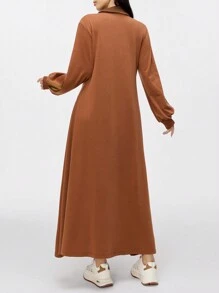 Seusyu Women Casual Contrast Color Block Drawstring Hem Hooded Long Sweatshirt Dress, Autumn/Winter - Brown - View 2