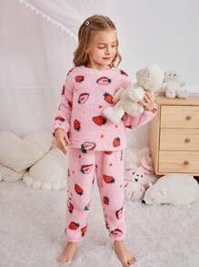SHEIN 2 件装少女草莓图案圆领长袖柔软舒适毛绒睡衣套装（含长裤），秋冬款 - 粉色 - 查看 5