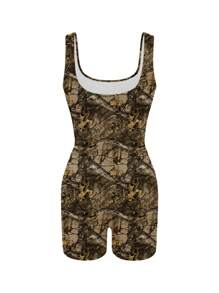 INAWLY 1pc Women Branch Print Sleeveless Bodycon Romper - Khaki - View 2