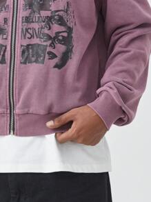 ROMWE MEN Goth Men's Vintage Graphic Print Hoodie Long Sleeve Zip-Up Sweatshirt - Red Violet - View 3