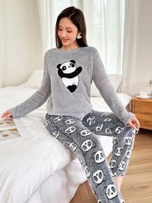 Women's Panda Embroidery Soft & Warm Fluffy Pajama Set For Autumn/Winter, Fall Winter Clothes, Cozy - Multicolor - View 3