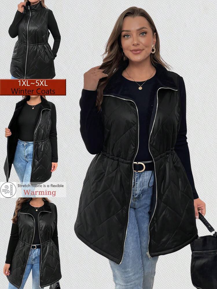 Plus Size Casual Zip-Up Drawstring Waist Padded Coat, Autumn Winter