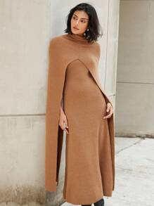 Aveloria Modichic 2 Stücke Damen Herbstmode Set, enthält hochgeschlossenen warmen und bequemen Cape und passendes Kleid, stilvoller Straßenmode Look für Damen - Khaki - Übersicht 7