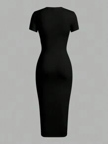 Slaydiva 米兰休闲字母印花短袖圆领紧身中长连衣裙，春秋 - 黑色 - 查看 3