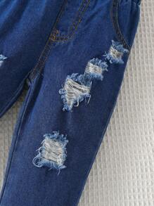 2pcs Kids Graphic Sweatshirt & Ripped Denim Pants Set - Long Sleeve Round Neck Pullover With Embossed & Print Letters, Casual Streetwear Outfit For Baby Boys And Girls - White - View 5