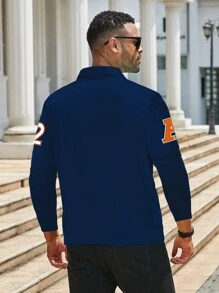 Manfinity Homme Plus Size Men Letter & Number Graphic Print Loose Fit Casual Long Sleeve Polo Shirt, For Going Out, Academia