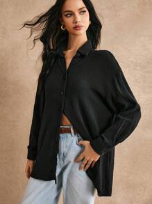 Poéselle 落肩袖素色長款襯衫 - 黑色 - 查看 7