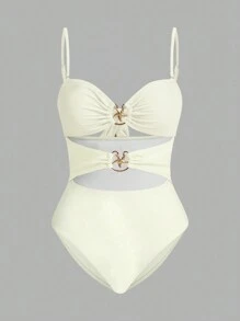 Swim Oasis Conjunto de traje de baño de una sola pieza con decoración de estrella de mar metálica, busto fruncido y hueco, talla grande falda envolvente con nudo, para playa de verano
