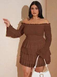 SHEIN BAE 大码秋季甜美性感白色荷叶边纹理露肩长袖褶皱分层荷叶边迷你连衣裙 - 咖啡棕 - 查看 7