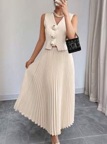 Chiquease 2pcs Women Casual 3D Flower Decor Vest And Pleated Skirt Set - Apricot - View 3