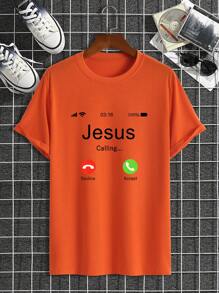 Manfinity Homme 字母印花圆领休闲男女款短袖 T 恤 - 橘色 - 查看 5