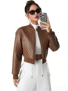 Teenage Girls Casual Retro Textured PU Leather Zip-Up Short Jacket - Brown - View 8