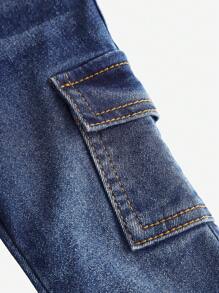 SHEIN Baby Girls Winter Warm Thermal Lined Denim Flared Pants, Thick Denim Long Trousers For Autumn/Winter - Medium Wash - View 3
