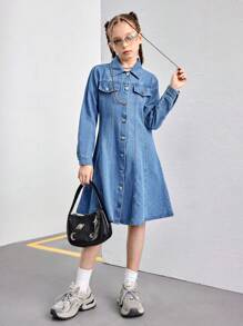 Vestido vaquero azul desteñido con pliegues y vuelo, diseño minimalista y de moda, adecuado para uso diario, para niñas preadolescentes