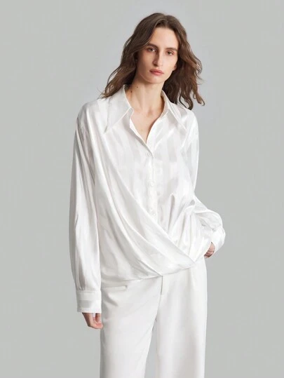 Ontre 女士缎面条纹裹身设计长袖休闲时尚衬衫，秋季