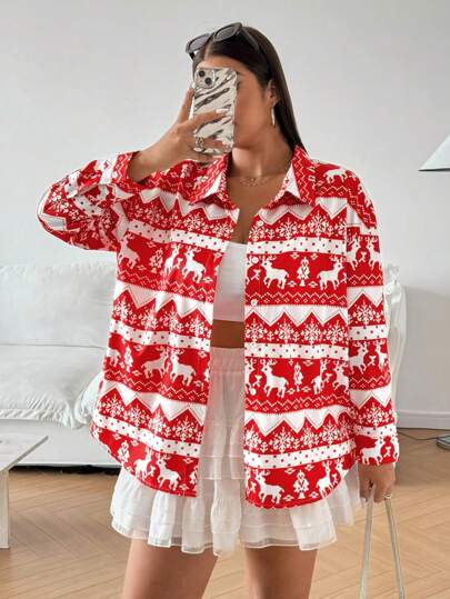 Flirla Plus Size Women's Stylish Simple Elegant Loose Long Sleeve Blouse For Christmas Women Shirt