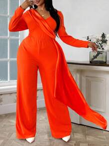 Maweii 大码纯色 V 领裹身长袖连体裤