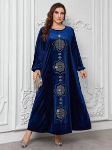 SHEIN Najma Hot Diamond Long-Sleeved Gorgeous Velvet Solid Color Plus Size Arabian Robe - Navy Blue - View 3