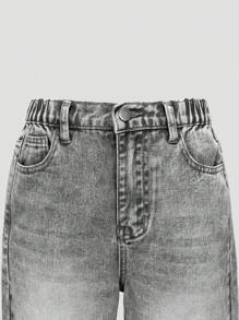 SHEIN Tween Girl Light Washed Casual Straight Leg Denim Jeans, Simple And Versatile - Dark Grey - View 6