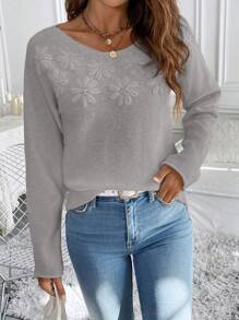Chiquease 秋冬季休闲纯色 3D 花朵装饰套头衫 - 灰色 - 查看 6