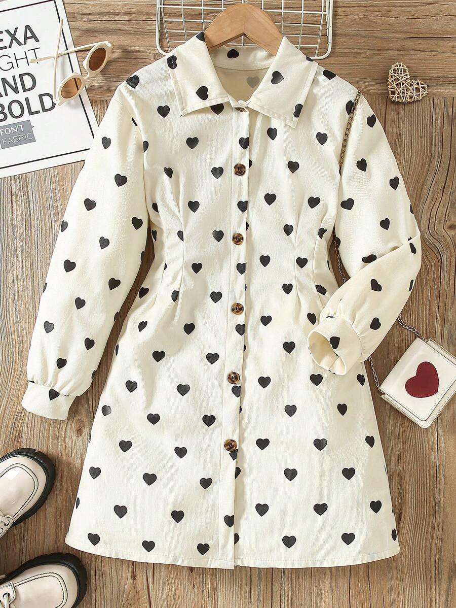 1pc Tween Girls Corduroy Heart Print Waist Defined Long Sleeve Shirt