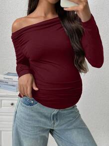 SHEIN 1st zwangerschaps effen kleur asymmetrische hals lange mouwen gerimpeld getailleerd T-shirt, herfst