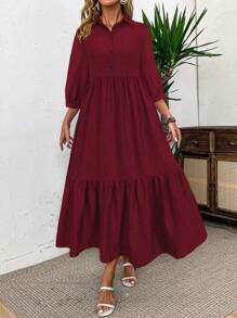 SHEIN LUNE 女士优雅简约纽扣半襟荷叶边下摆连衣裙，秋季酒红色长款女装 - 酒紅色 - 查看 6