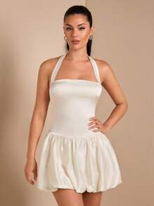 SHEIN BAE Váy xòe bồng bềnh satin không tay cổ yếm màu trơn cho nữ, thích hợp cho các cô gái đi chơi đêm, tiệc tùng, hẹn hò - Màu be - Xem 4